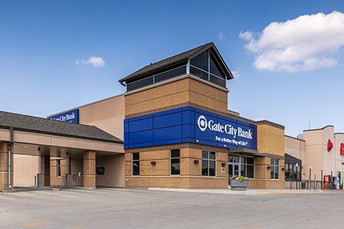 Exterior view and drive-up window at Gate City Bank, located at 309 2nd Avenue SW in Jamestown, North Dakota