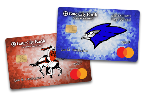 Collage of Gate City Bank school debit cards for Jamestown High School and the University of Jamestown Jimmies