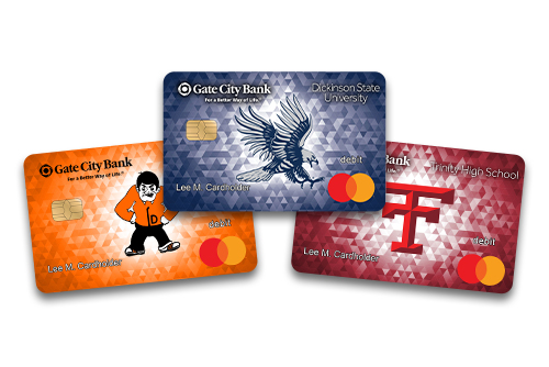 Collage of Gate City Bank school debit cards for Dickinson High School, Dickinson State University and Trinity High School 