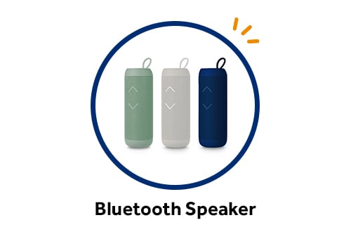 three Bluetooth speakers, available in your choice of colors: green, white and blue